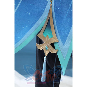 Neuvillette cosplay coat edge ornament with gold frame, turquoise gem, and decorative tassel detail