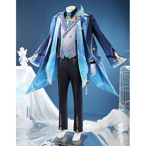 Neuvillette cosplay costume front view showing layered blue coat and white vest with decorative details