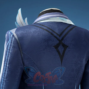 Neuvillette cosplay hat detail with white brim, gold horn accents, and navy blue collar structure