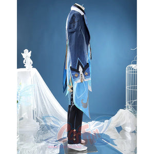 Neuvillette cosplay costume side view with navy blue coat, white hat, and ornate gold trim details