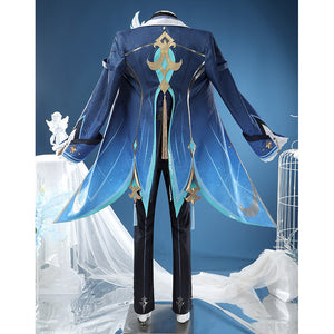 Neuvillette cosplay costume back view with ornate emblem design in gold and turquoise on blue coat