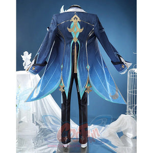 Neuvillette cosplay costume back view with ornate emblem design in gold and turquoise on blue coat