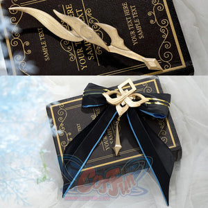 Neuvillette cosplay accessory gift box with gold decorative bow and blue ribbons included with costume