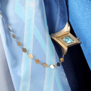 Neuvillette cosplay belt accessory with gold diamond chain and blue gem decorative clasp detail