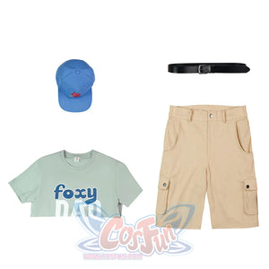 Nick cosplay costume complete set including blue cap, green Foxy Dad t-shirt, beige cargo shorts, and black belt