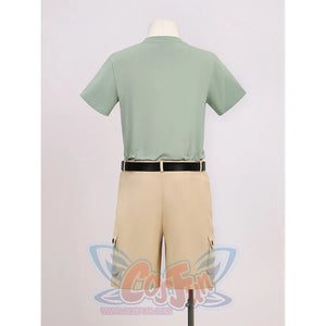 Nick cosplay costume baseball uniform back view showing green t-shirt, beige cargo shorts, and black belt detail