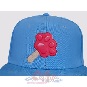 Nick cosplay costume baseball cap detail showing red popsicle patch emblem on blue fabric with button top
