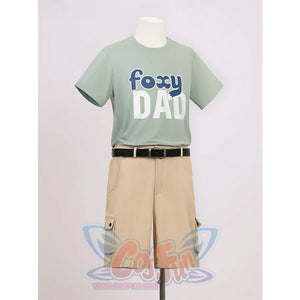Nick cosplay costume baseball uniform side view with green Foxy Dad t-shirt, beige cargo shorts, and black belt