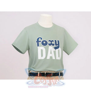 Nick cosplay costume green Foxy Dad t-shirt close-up featuring blue and white text with black belt accent