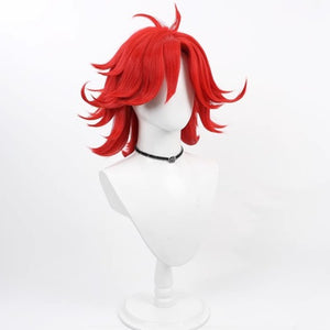 Hazbin Hotel Niffty cosplay wig, short fluffy red hair, side view on white mannequin