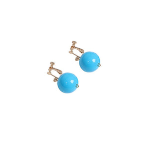 Blue spherical earrings with gold clip - ons, part of the Ninja Peach costume accessories.