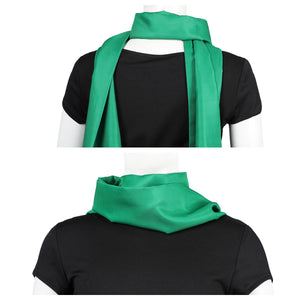 Two ways to wear the green scarf of the Ninja Peach costume, paired with a black top.