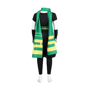 Back view of the Ninja Peach costume on a mannequin, emphasizing green scarf patterns and black outfit.