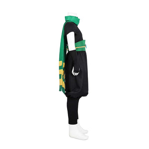Mannequin side view of the Ninja Peach costume, highlighting black clothes, green scarf, and sash.