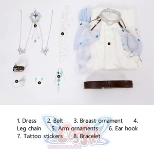 Nu: Carnival Edmond Cosplay Costume, includes dress, belt, breast ornament, leg chain, arm ornament, ear hook, tattoo stickers, bracelet.