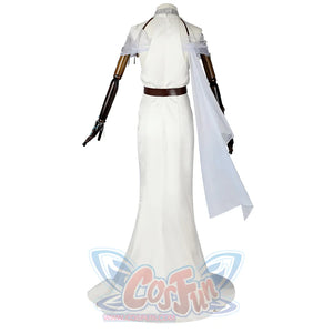 Nu: Carnival Edmond Cosplay Costume, a white long gown with decorative shoulder pieces, back view.