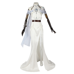 Nu: Carnival Edmond Cosplay Costume, white long gown with decorative shoulder pieces, and jewel accents.