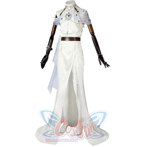Nu: Carnival Edmond Cosplay Costume, long dress with a front slit, featuring pleated details and delicate beaded patterns, left side view.