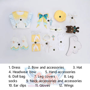 Nu: Carnival Garu Cosplay Costume, includes dress, accessories, hat, headwear, hand accessories, bag, leg covers, leg socks, neck accessories, ear clips, gloves, wings.