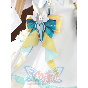 Nu: Carnival Garu Cosplay Costume, there is a yellow and green bow with a silver wolf-shaped decoration.