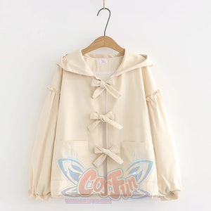 Soft Girl Sweet Bowknot Hooded Short Coat Beige
