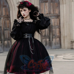 Original Genuine Lolita Dress Irregular Long Sleeves Summer Dress S20253 Red short dress + Waist chain / S Dress