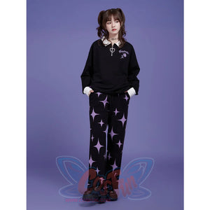 Black And Purple Star Sweet Style Knitted Pants Thick Pants S / Black Pants