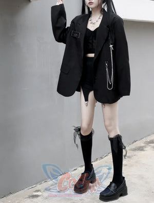 Black Suit Jacket Loose Chain Harajuku Style Casual Street Long Sleeve S20624
