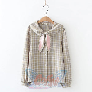 Cute Rabbit Ear Lace Plaid Shirt Knitted Vest Two-piece Set S22293 Shirt
