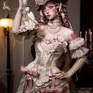 Person in an elaborate vintage-style costume with decorative elements in a dimly lit room.