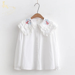 Sweet Embroidery Lace Doll Neck Long Sleeve Shirt White