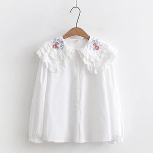 Sweet Embroidery Lace Doll Neck Long Sleeve Shirt White