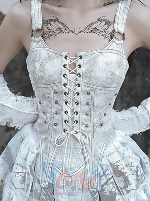 Suede Strappy Punk Trailing Printed Halter Dress - cosfun