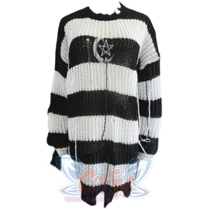 Dark Stripe Hole Knit Punk Street Pullover Round Neck Loose Sweater Girl - cosfun