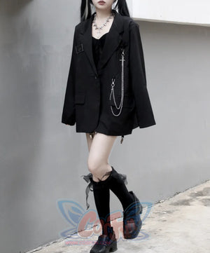 Black Suit Jacket Loose Chain Harajuku Style Casual Street Long Sleeve S20624 / S