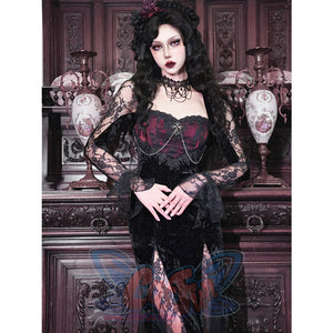 Gothic Crimson Halloween Lace Slim Velvet Fishtail Dress S22337
