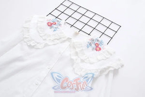 Sweet Embroidery Lace Doll Neck Long Sleeve Shirt White
