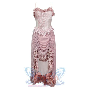 Summer Romantic Gothic Velvet Drawstring Pink Lace Suspender Dress S22015 S / Dress
