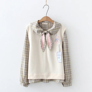 Cute Rabbit Ear Lace Plaid Shirt Knitted Vest Two-piece Set S22293 Shirt + Vest