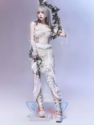 White Gothic Drawstring Halter Dress