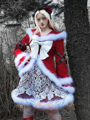 Christmas Worship Goth Bow Plush Woolen Coat