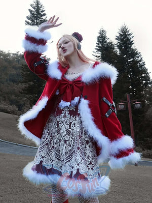 Christmas Worship Goth Bow Plush Woolen Coat