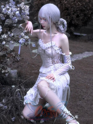 White Gothic Drawstring Halter Dress