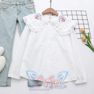 Sweet Embroidery Lace Doll Neck Long Sleeve Shirt White