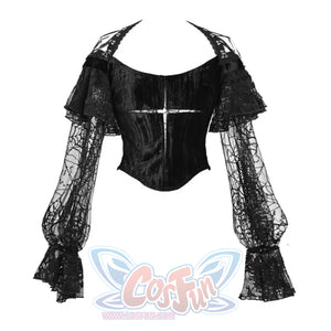 Gothic Velvet Slim Lace Lantern Sleeve Halloween Top S