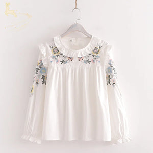 Sweet Lace Collar Floral Embroidery Long Sleeve Shirt Flower / M