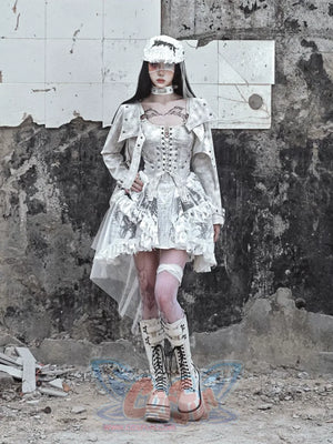 Suede Strappy Punk Trailing Printed Halter Dress - cosfun