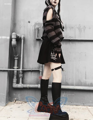 Punk Stripe Off Shoulder Round Neck Loose Short Sweater One Size