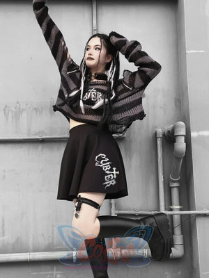 Punk Stripe Off Shoulder Round Neck Loose Short Sweater One Size