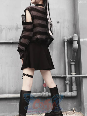 Punk Stripe Off Shoulder Round Neck Loose Short Sweater One Size